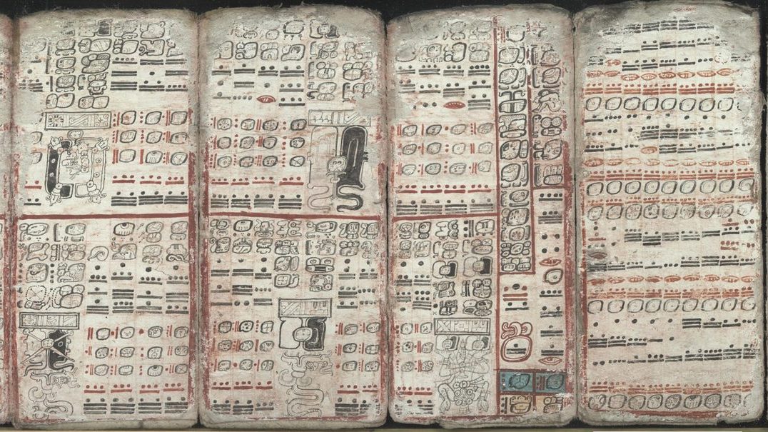 A composite of six pages from the Dresden Codex, a pre-Columbian Maya manuscript, showing rows of bar-and-dot numeral glyphs used in eclipse and multiplication tables