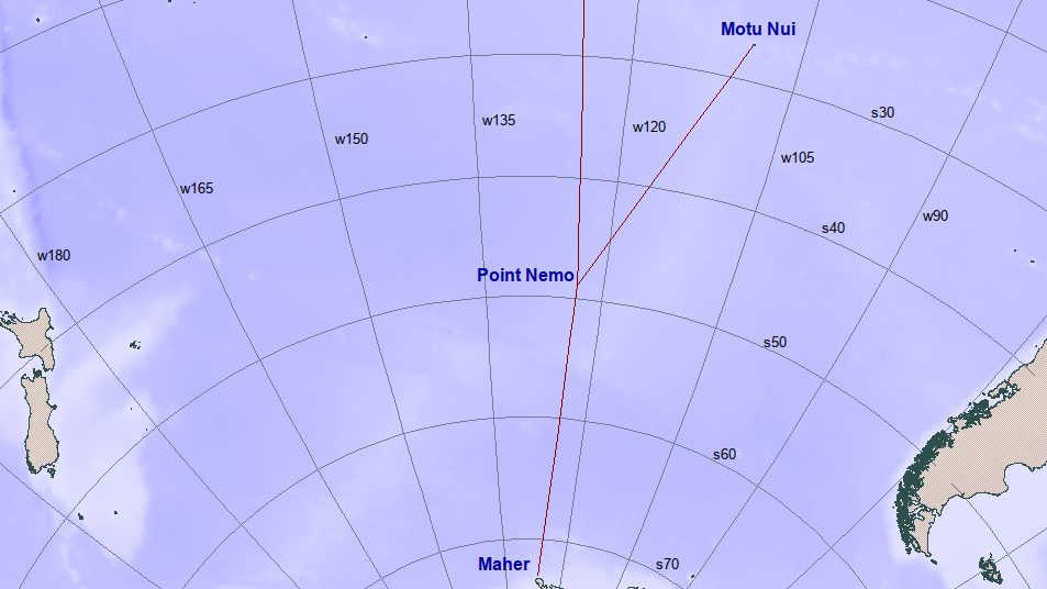 Map of the South Pacific Ocean showing Point Nemo and the three closest coastline points that define it: Ducie Island, Motu Nui, and Maher Island
