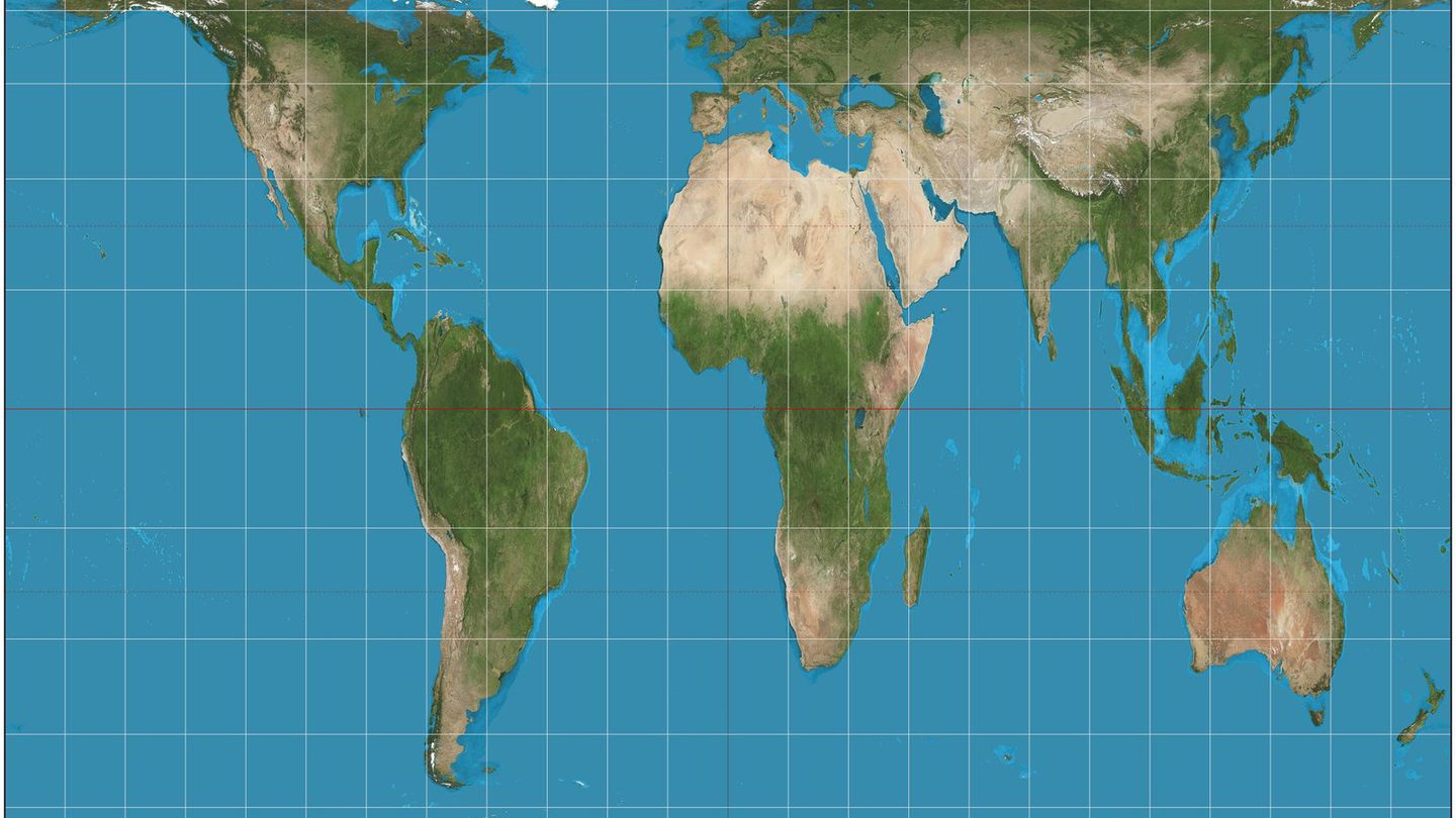 World map drawn in the Gall–Peters equal-area projection, with landmasses stretched wide near the equator and compressed vertically toward the poles