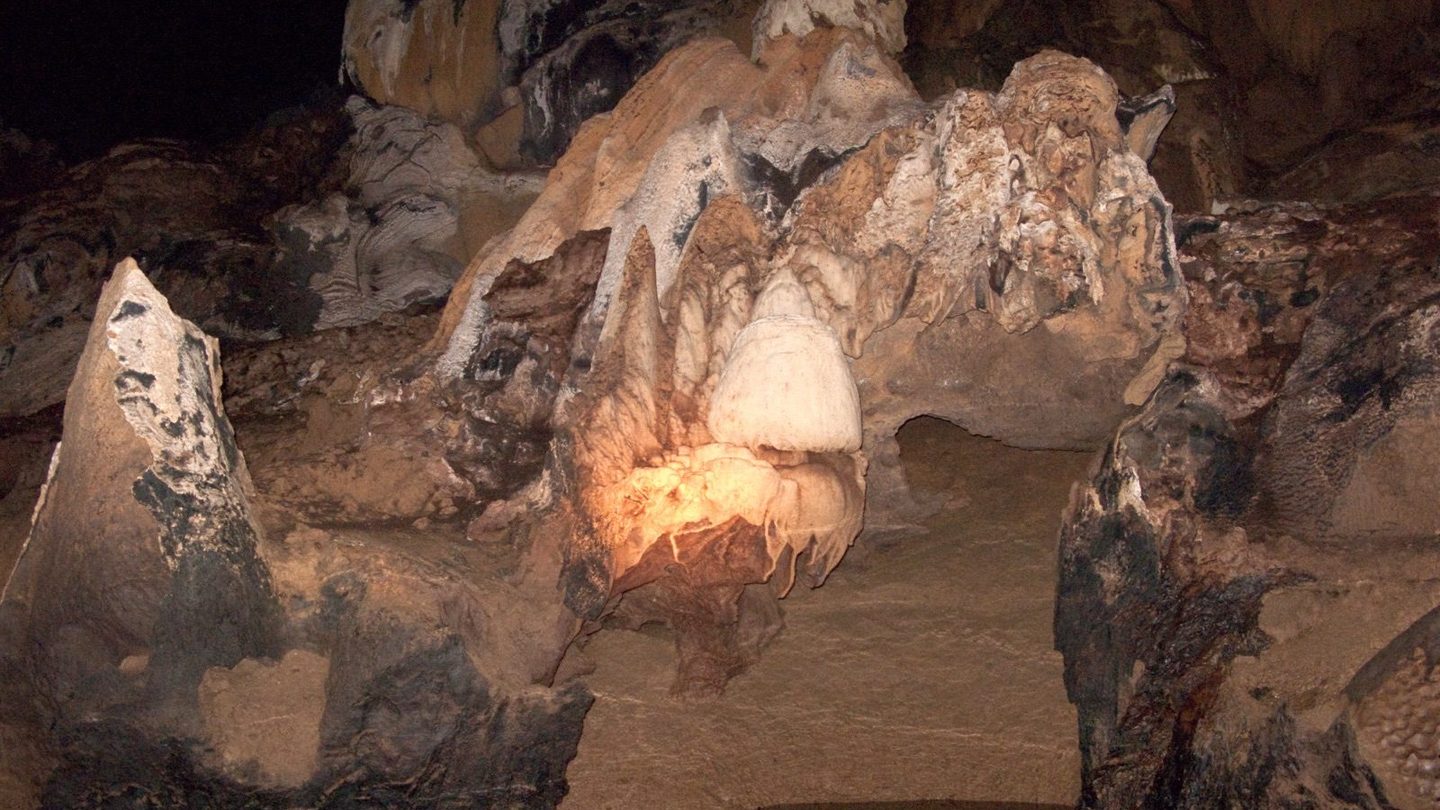 A dense cluster of stalactites hanging from the ceiling and stalagmites rising from the floor inside the Puerto Princesa Subterranean River cave in Palawan, Philippines